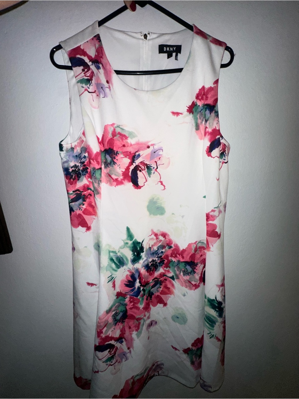 DKNY White Floral Sleeveless Mini Dress with Pink and Green Bloom